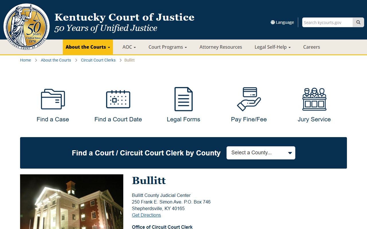Bullitt County courthouse where civil court records are maintained